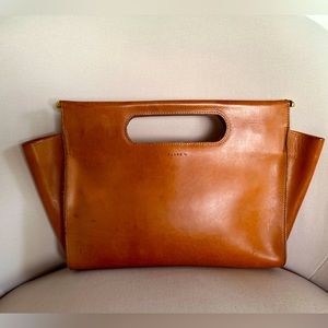 EUC Clare V. Petite Maude clutch in cognac leather with merci beaucoup dust bag